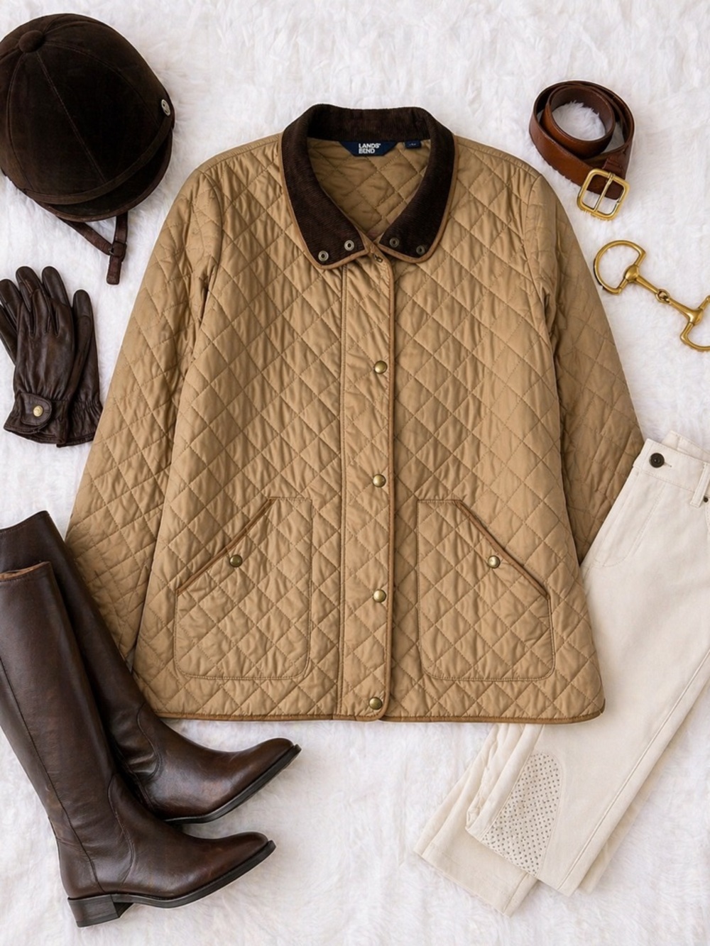 Lands’ End Quilted Barn Jacket Tan Corduroy Collar Snap Front Women’s L 14-16